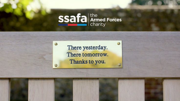 SSAFA Legacy Campaign Featured image 8 - shows a plaque on a bench, the wording is: There yesterday. There Tomorrow. Thanks to you