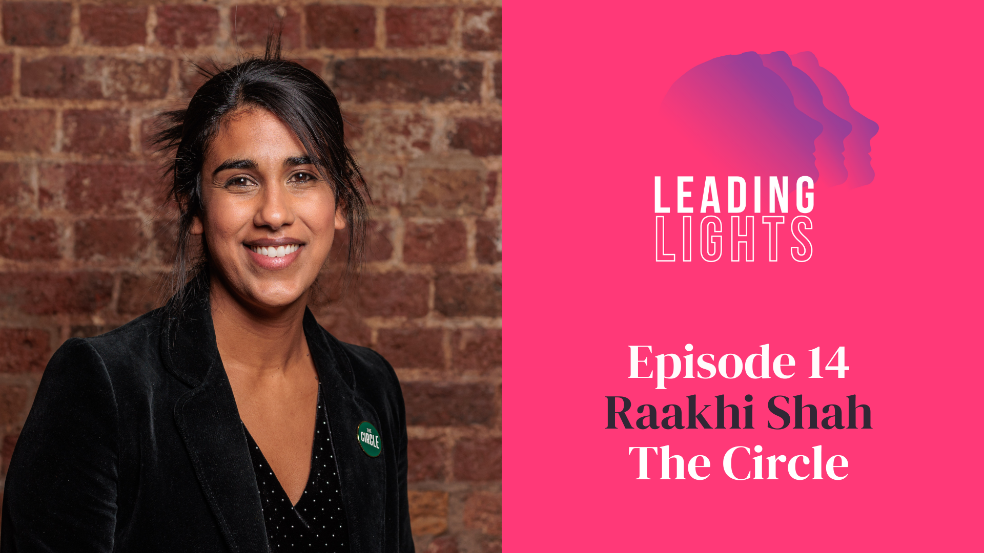 Leading Lights ep14 Raakhi Shah header image shows a headshot of Raakhi smiling against a brick wall. She has dark hair and eyes and is wearing a black shirt.